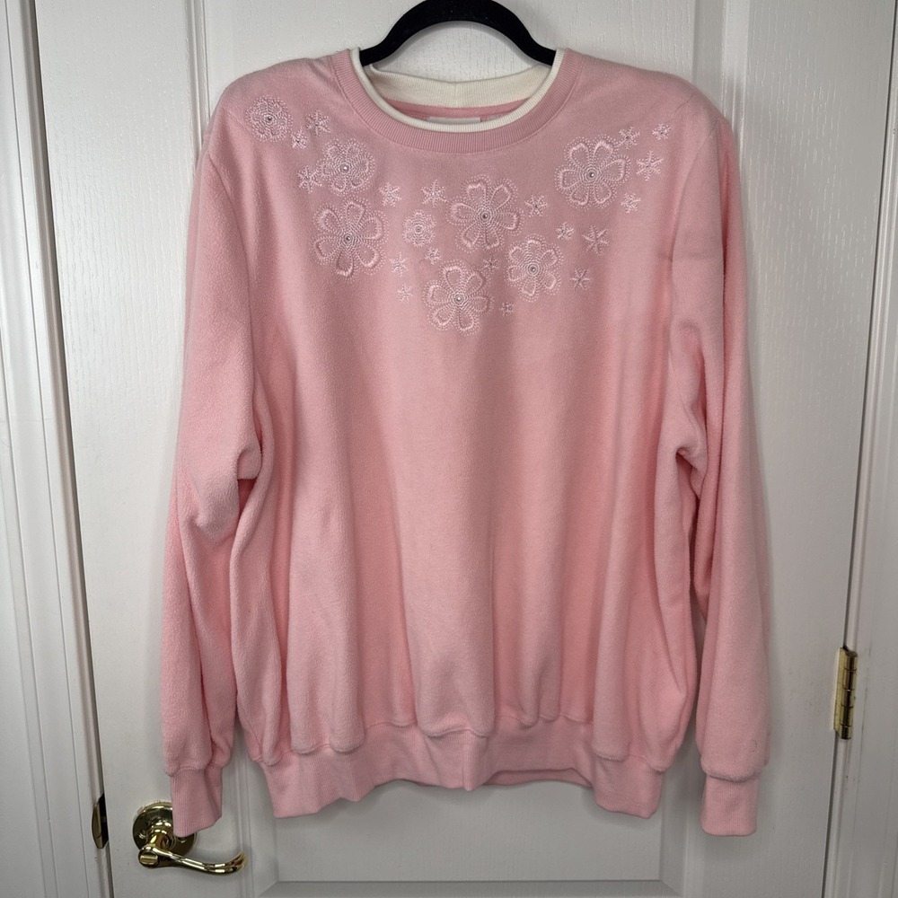 Alfred Dunner Womens 2X Pink Fleece Floral Rhinestone Crewneck Sweatshirt
